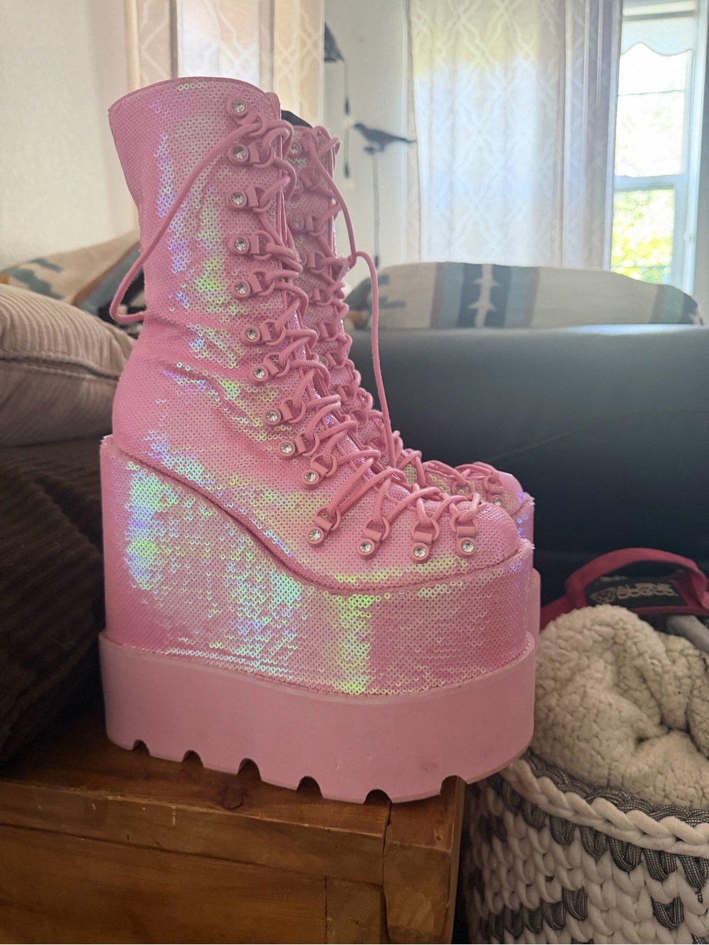 Sugar Thrillz Pink Iridescent Sequin Platform Lace-Up Boots - Picture 2 of 4